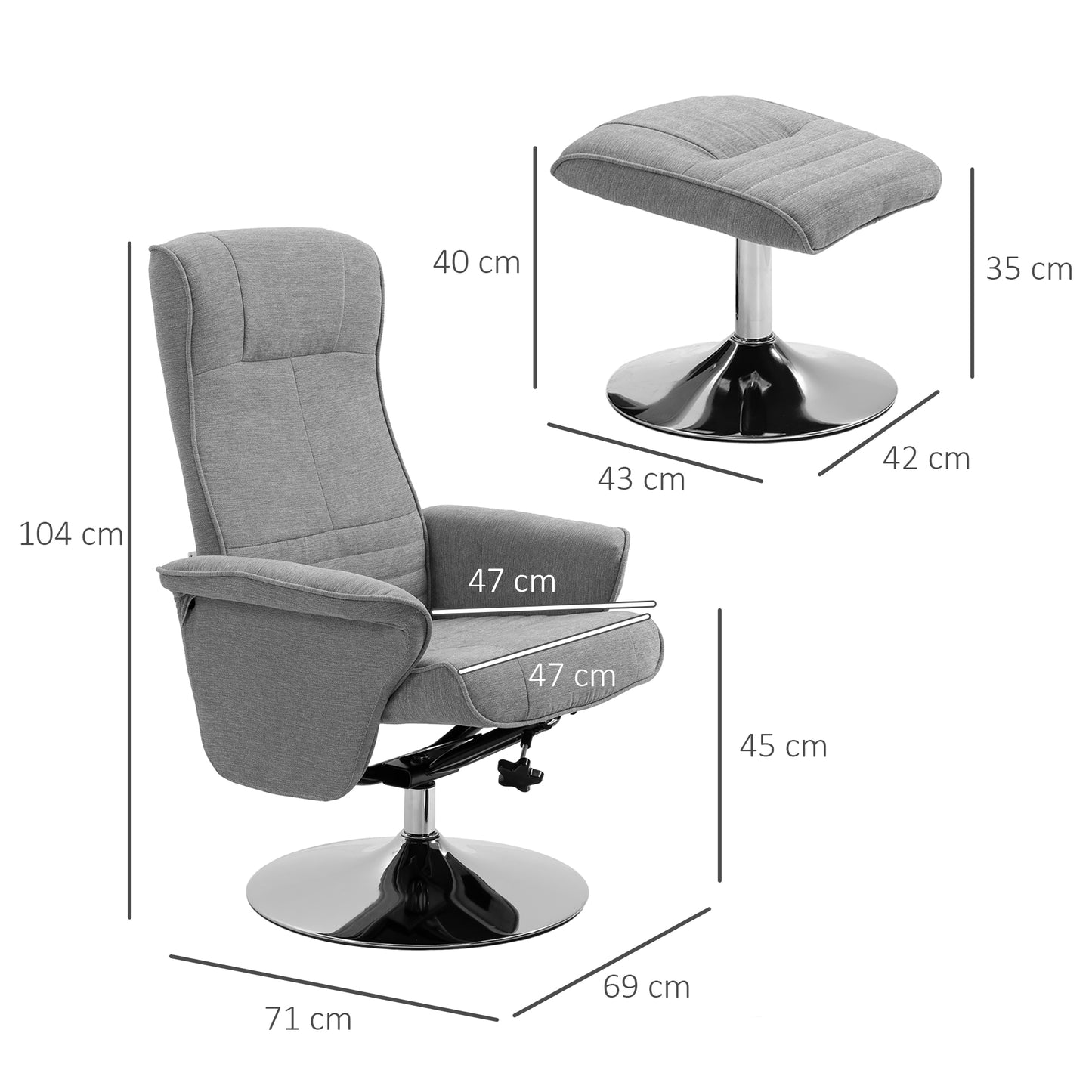 HOMCOM Swivel Recliner Chair With Footstool Velvet Upholstered Armchair With Ottoman Grey