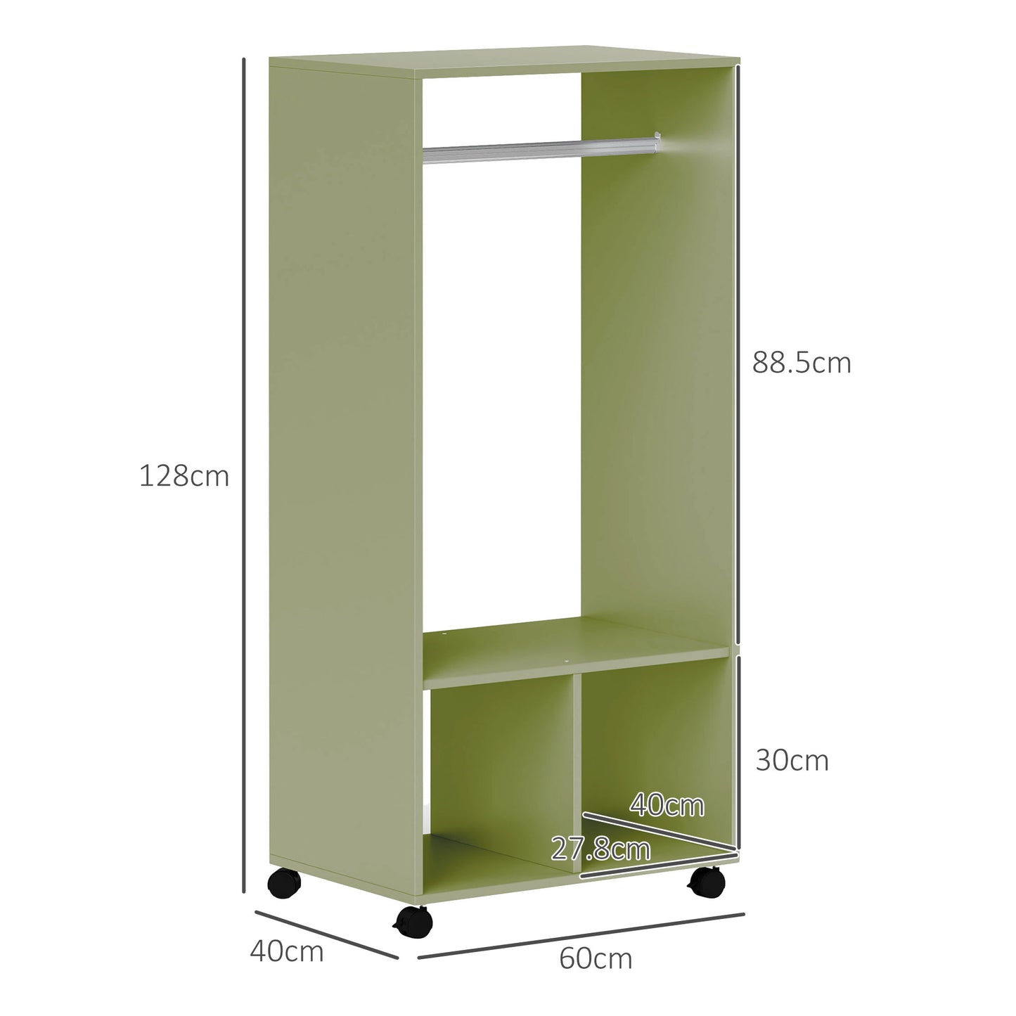 HOMCOM Open Wardrobe On Wheels With Hanging Rail And Two Storage Shelves In Green For Cloakroom And Hallway