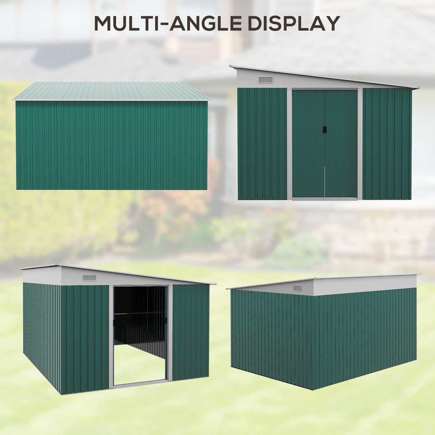 Outsunny 11.3x9.2ft Steel Garden Storage Shed w/ Sliding Doors & 2 Vents, Green - ALL4U RETAILER LTD