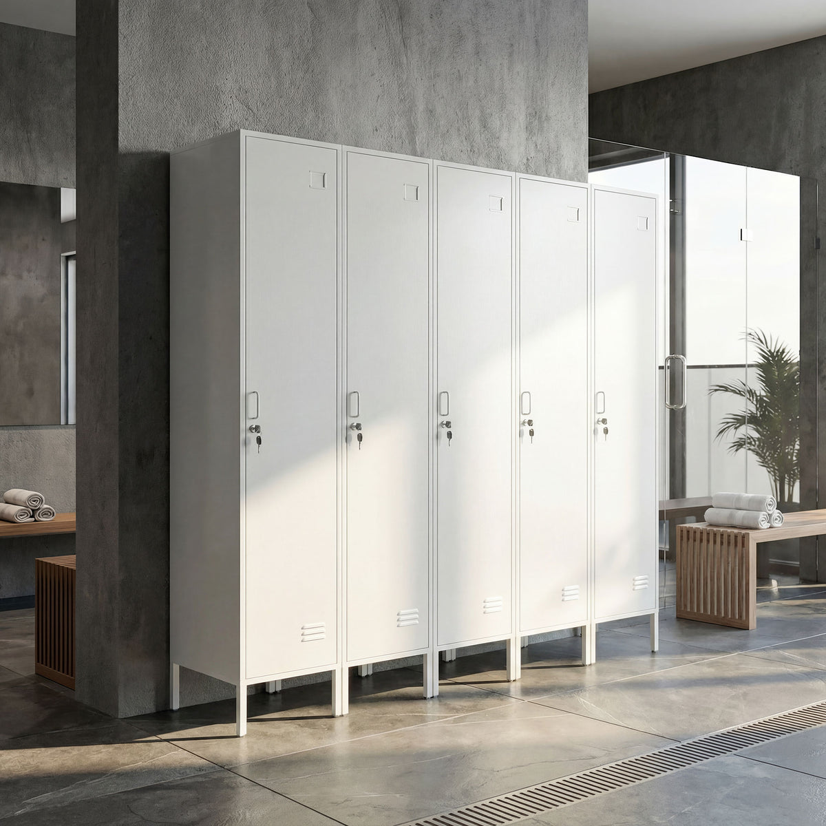 White metal locker cabinet with multiple lockable doors and hanging rod storage.