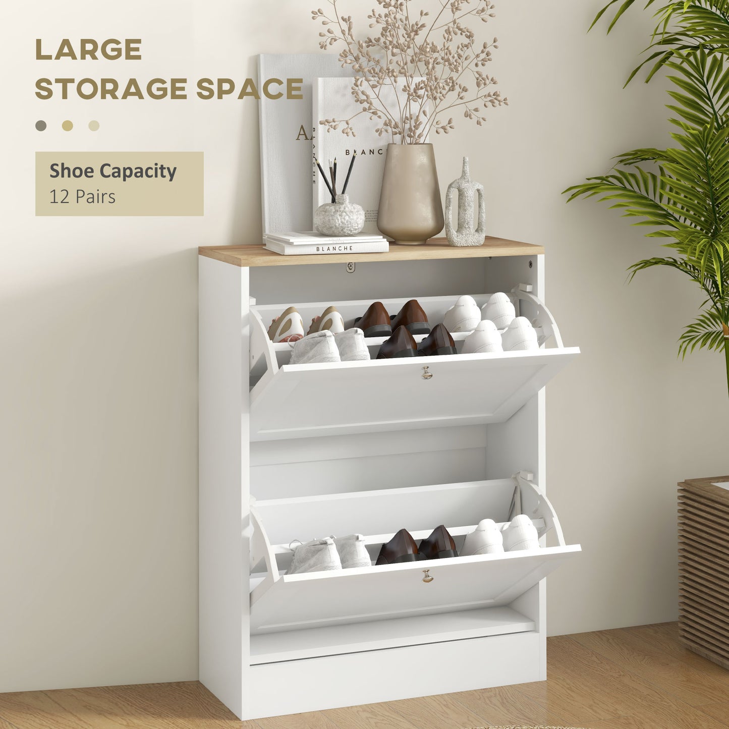 HOMCOM White Two Flip Drawer Shoe Cabinet With Adjustable Shelves Holds 8 To 12 Pairs Of Shoes Compact Stylish Storage