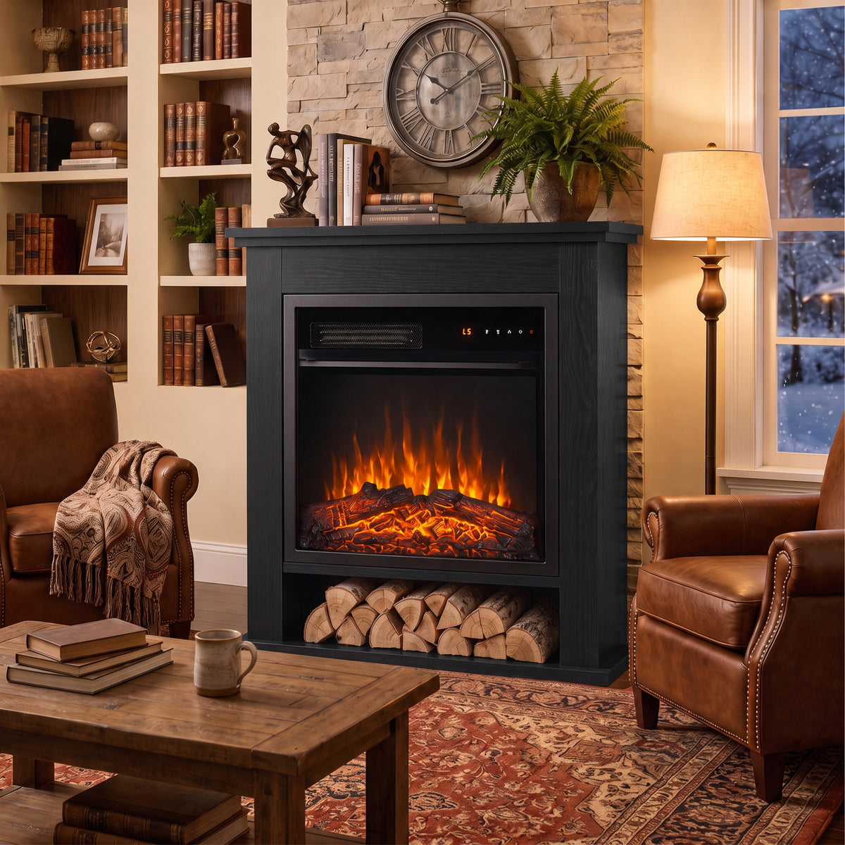 Black electric fireplace suite with LED flame and open firewood shelf in a living room