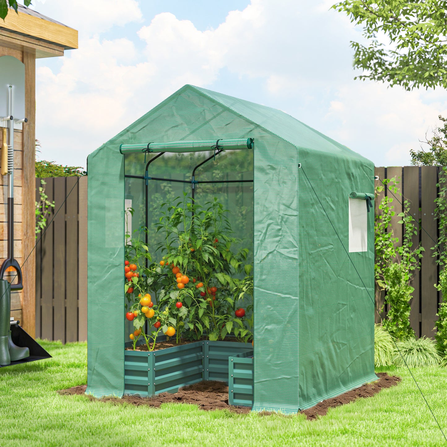 Outsunny Small Greenhouse With Raised Garden Bed Walk In Greenhouse With Roll Up Windows 141 X 141 X 190 Cm Green