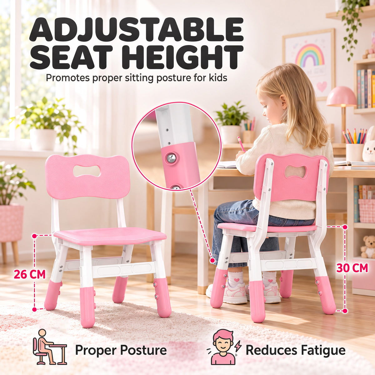 Pink kids chair with adjustable seat height on white frame and molded backrest.
