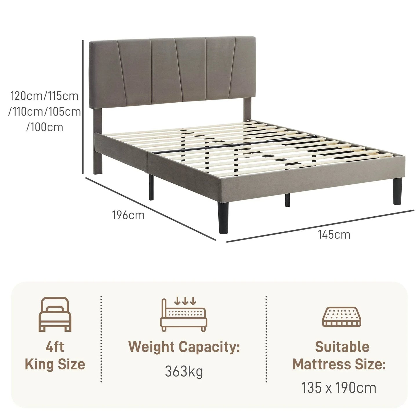 HOMCOM Adjustable Grey Velvet Double Bed Frame with Headboard - ALL4U RETAILER LTD
