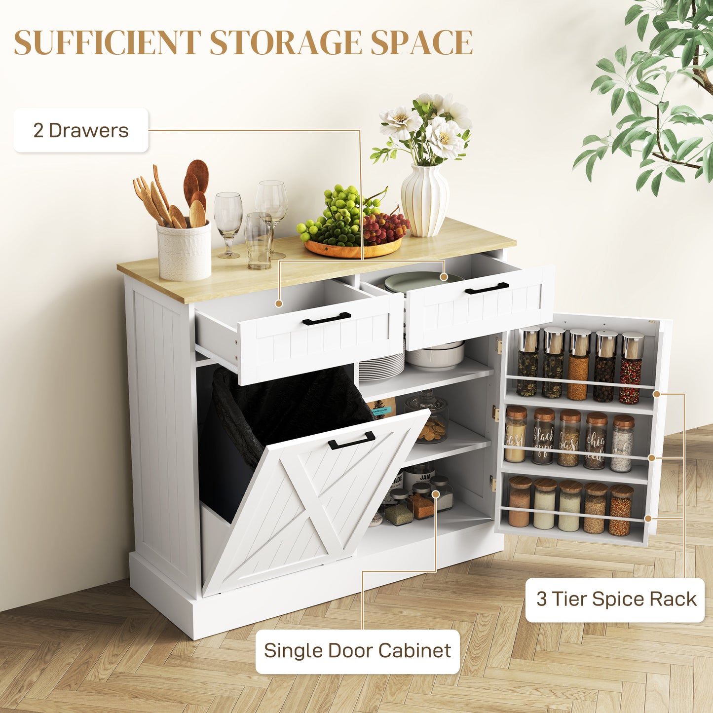 HOMCOM Farmhouse Sideboard With Tilt Out Trash Bin, White Finish, 2 Drawers, Adjustable Shelves, Door Racks