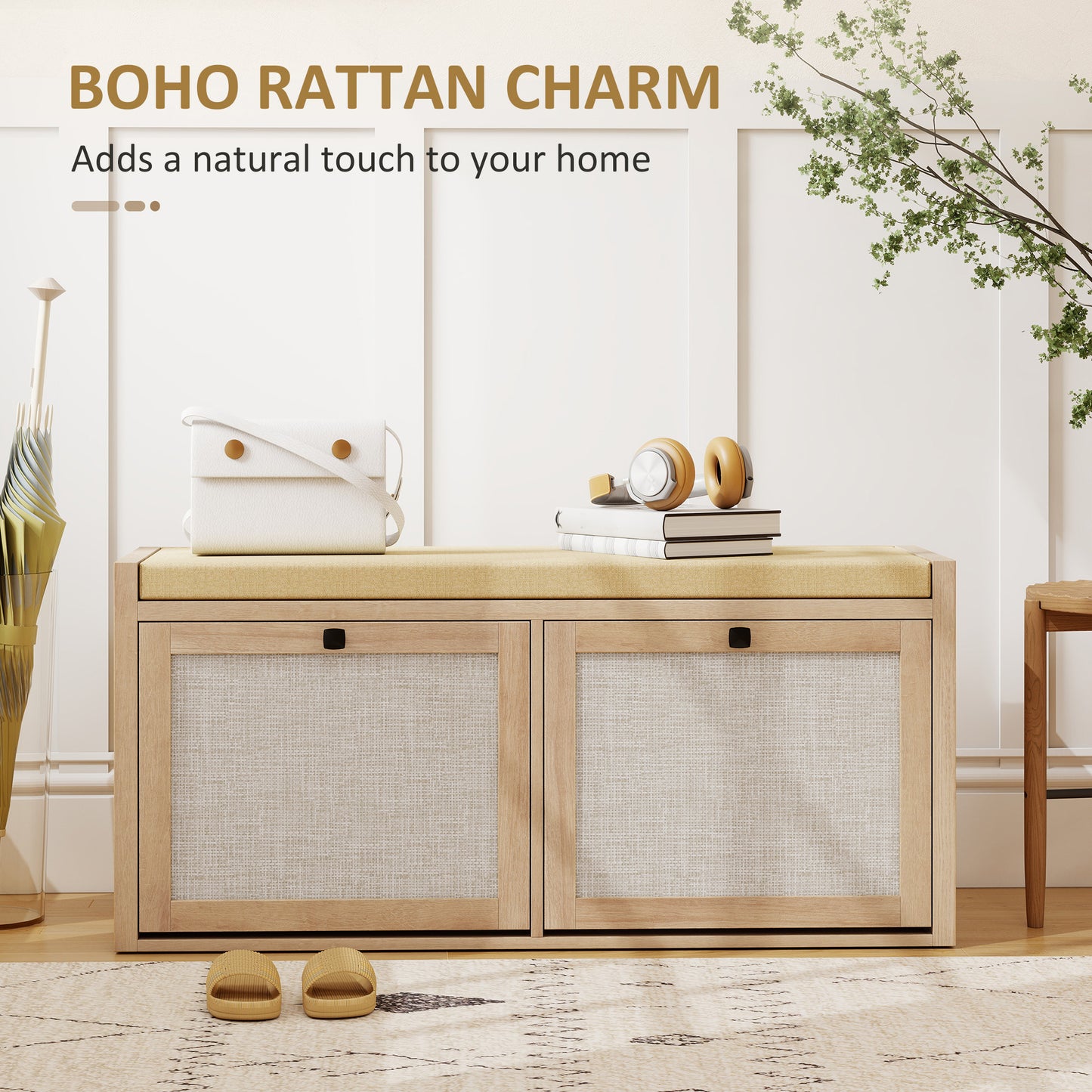 HOMCOM Rattan Shoe Bench With Padded Cushion And Hidden Storage Cabinets For Hallway In Oak Wood Effect