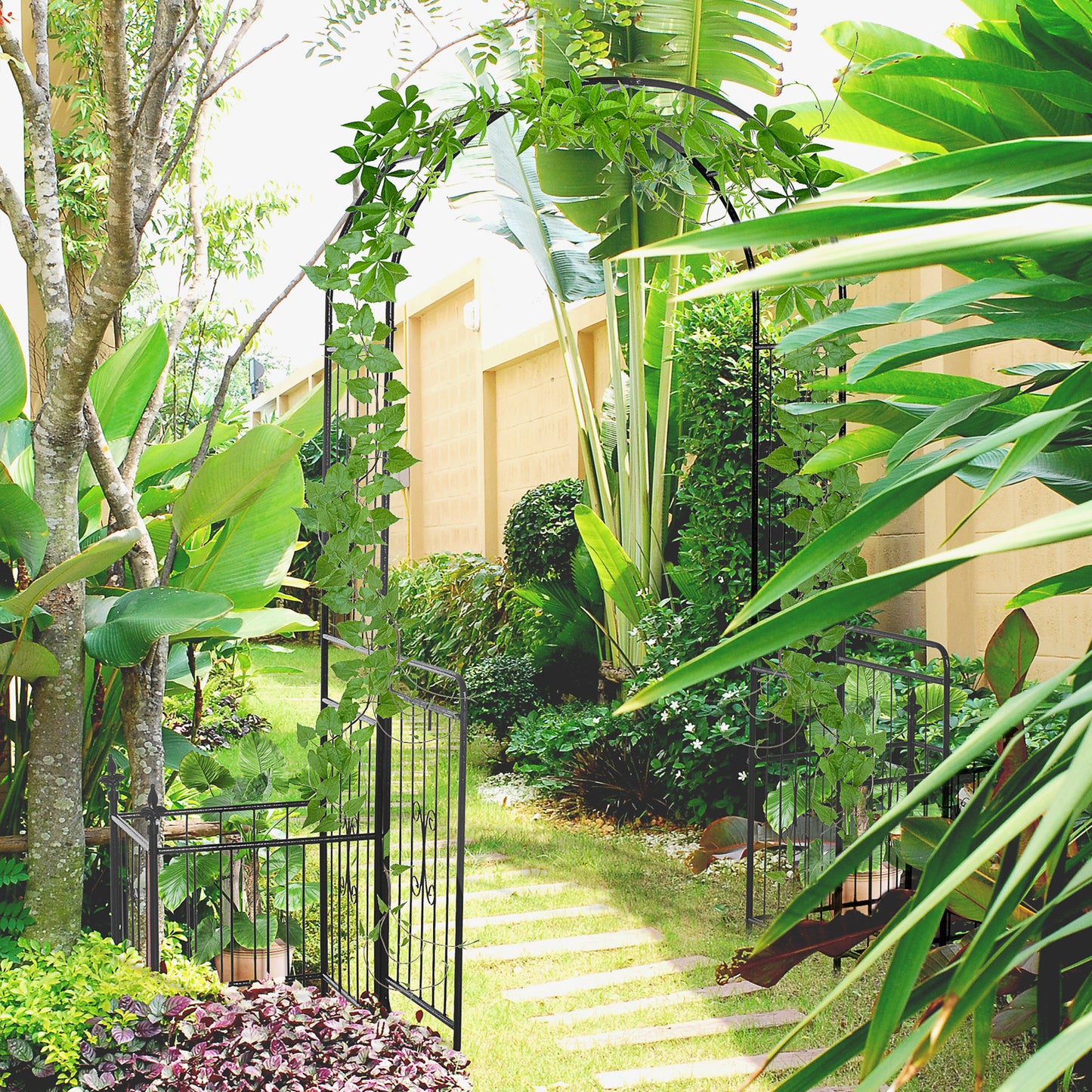 Outsunny Metal Garden Arbor Arch With Double Doors And Two Side Planter Baskets Climbing Vine Frame Black