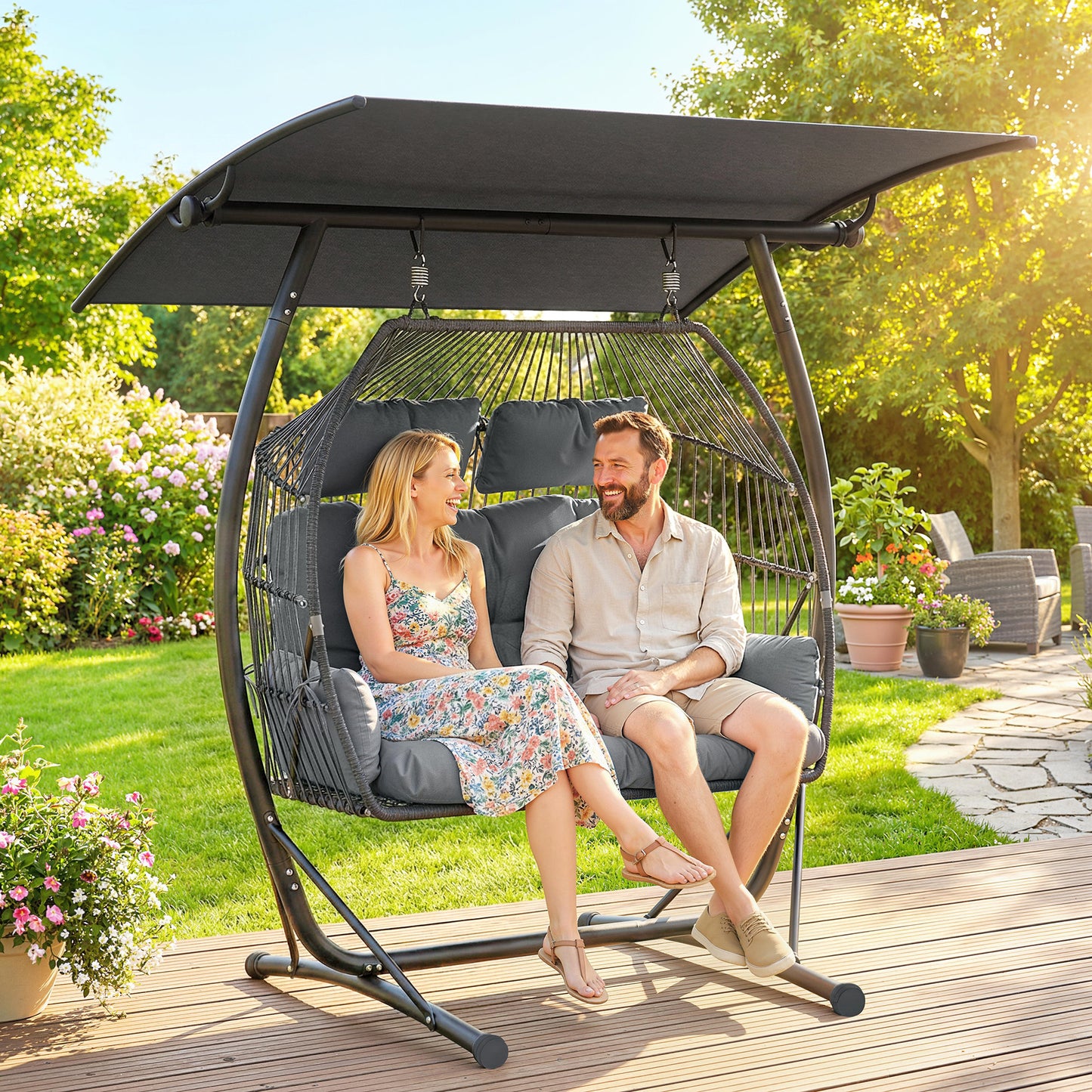 Outsunny Double Hanging Egg Chair With Canopy Stand For Indoor Outdoor Rattan Garden Swing Chair Dark Grey Cushion