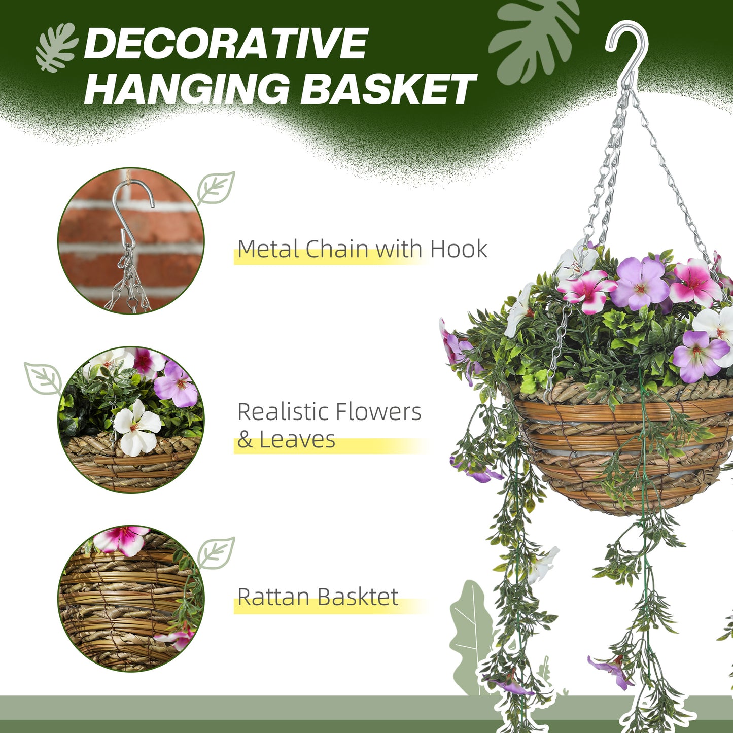HOMCOM Set Of 2 Artificial Silk Azalea Flowers In Hanging Planters With Baskets Pink And White Decor For Indoor Outdoor