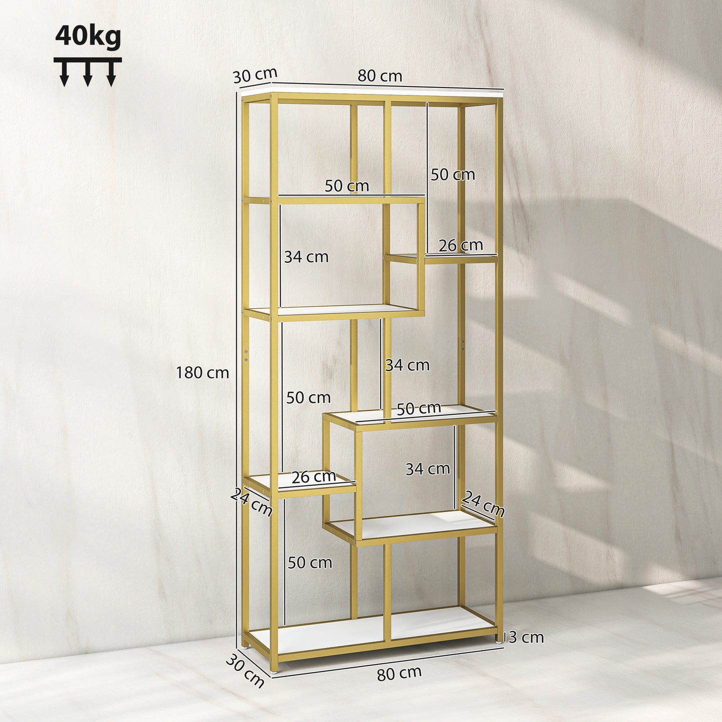 HOMCOM White And Gold Tone Seven Tier Geometric Bookcase With Sturdy Metal Frame