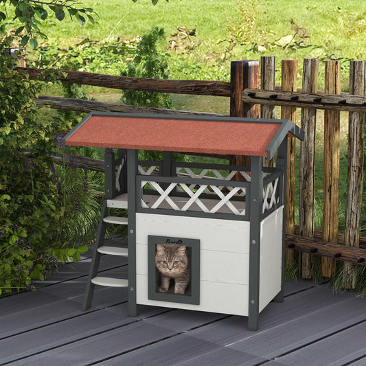 PawHut Outdoor Cat House with Balcony and Roof, 77 x 50 x 73 cm, White - ALL4U RETAILER LTD