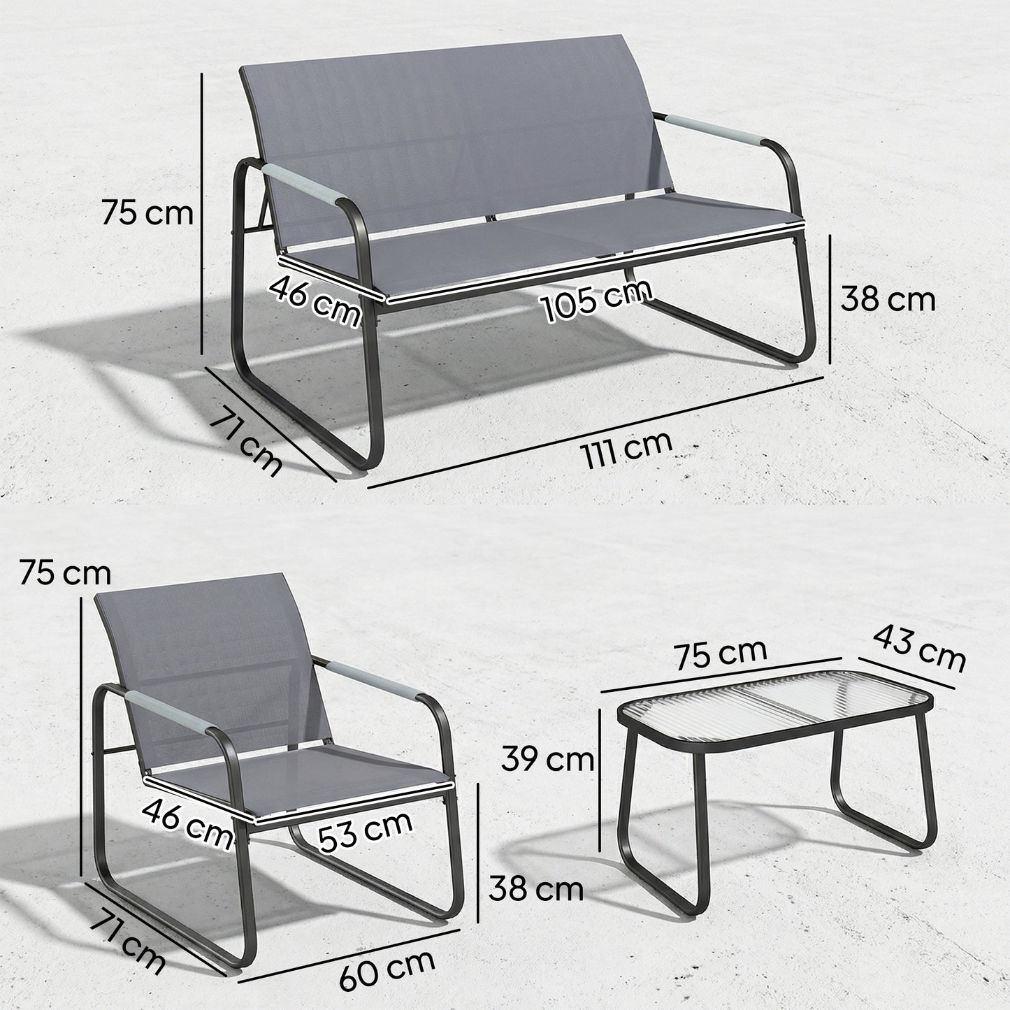 Outsunny 4 Piece Garden Furniture Set With Loveseat And Two Armchairs Grey Tempered Glass Coffee Table For Balcony