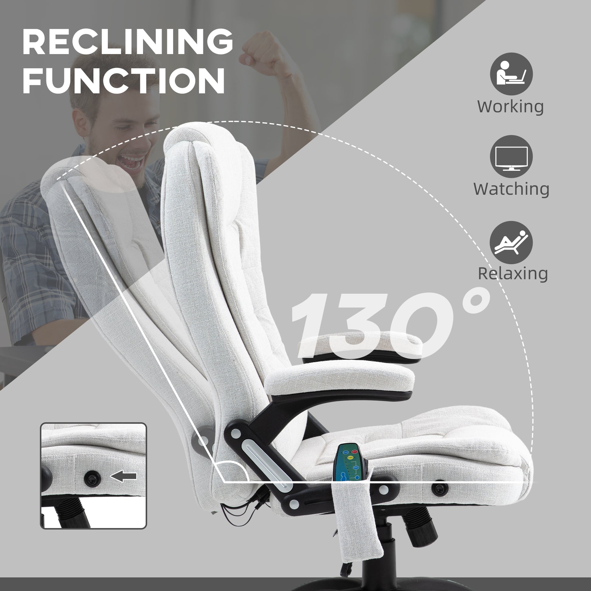 Vinsetto Heated Massage Recliner Office Chair with 6 Massage Points, Swivel Wheels, and Cream White Linen Fabric - ALL4U RETAILER LTD