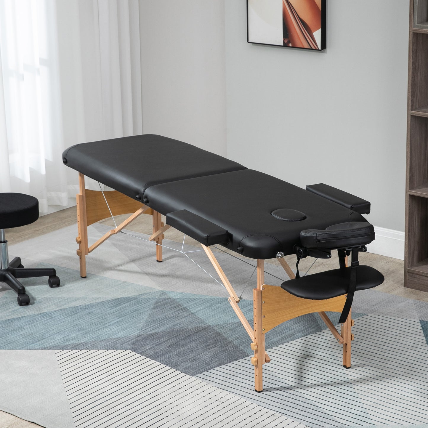 HOMCOM Folding Black Massage Table with Carry Bag and Wooden Frame for Home and Travel - ALL4U RETAILER LTD