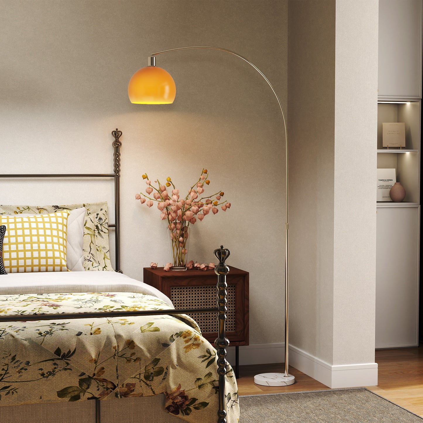 HOMCOM Floor Lamp For Living Room Modern Standing Lamp With Shade And Foot Switch Orange Marble Base Nickel Finish