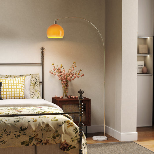 HOMCOM Floor Lamp For Living Room Modern Standing Lamp With Shade And Foot Switch Orange Marble Base Nickel Finish