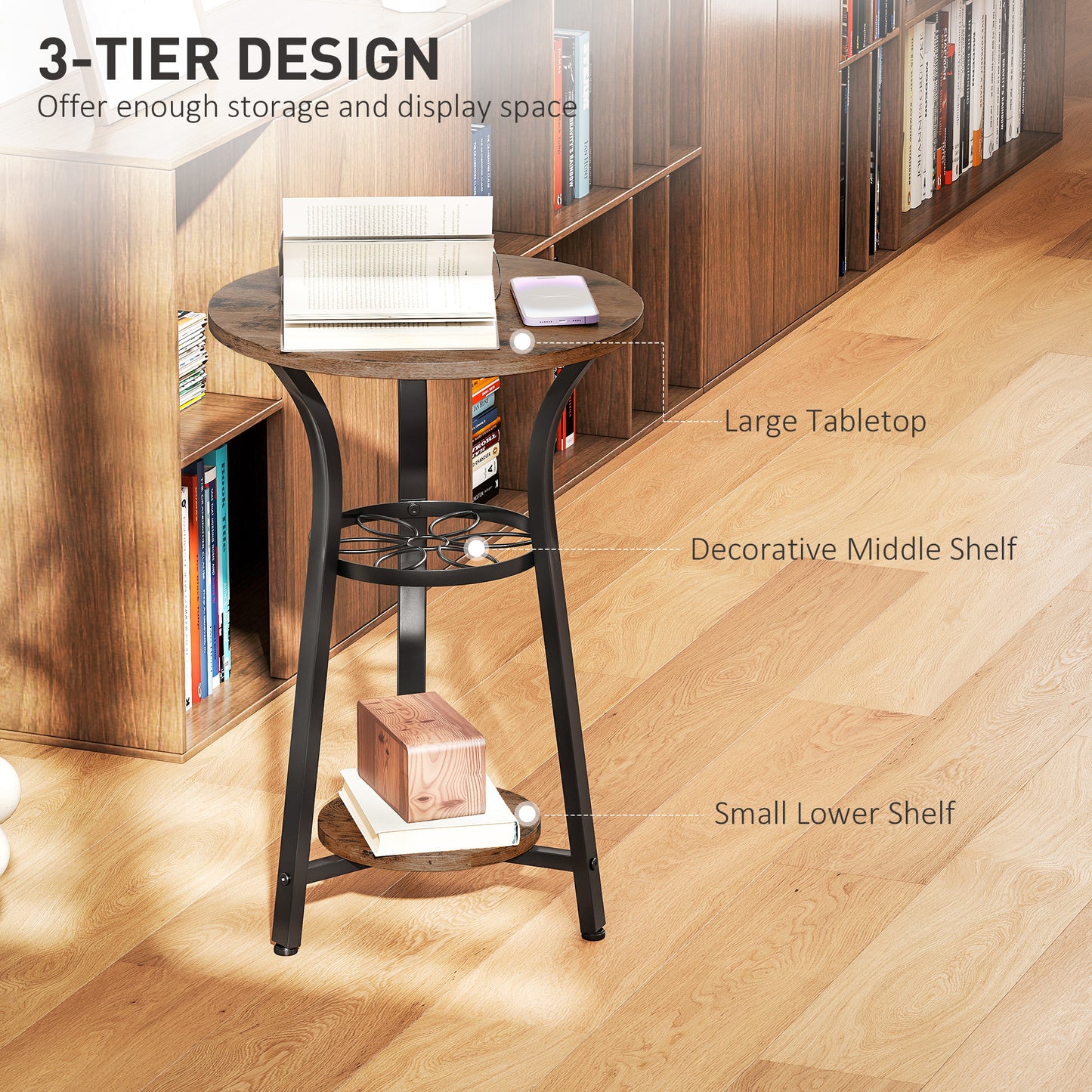 HOMCOM Small Round Side Table With Three Storage Shelves Rustic Brown And Black Metal Frame End Table