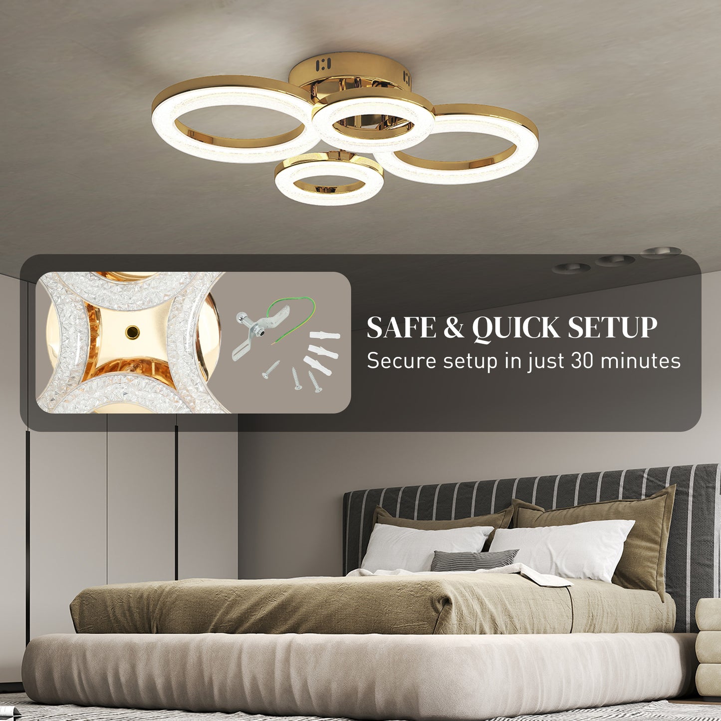 HOMCOM LED Ceiling Light 4 Ring Modern Flush Mount With Wall Switch Control 40W 4350lm 3500K 4500K 6000K Gold Tone