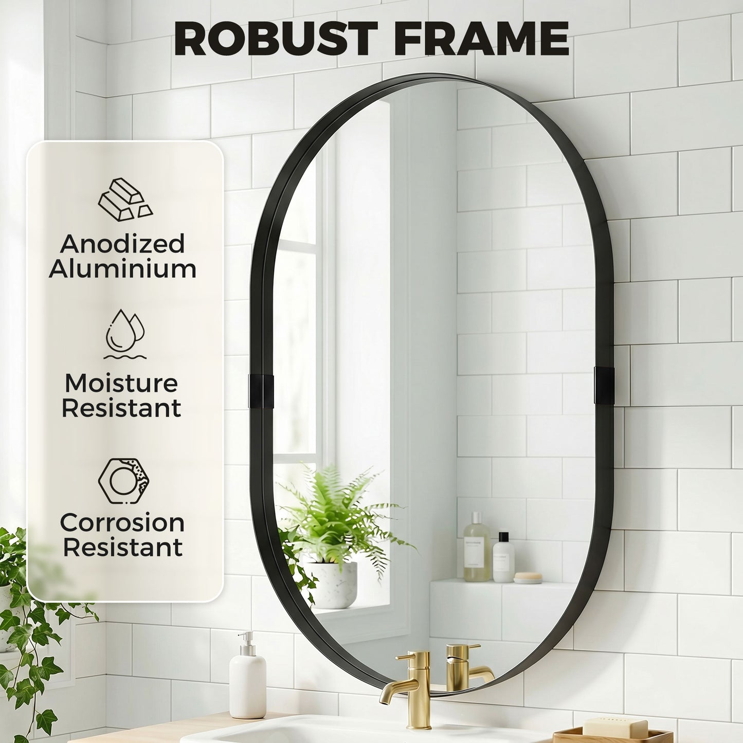 HOMCOM Wall Mirror Bathroom with Elevated Aluminium Frame 60 x 90 cm Black Runway Shape for Hallway or Lounge