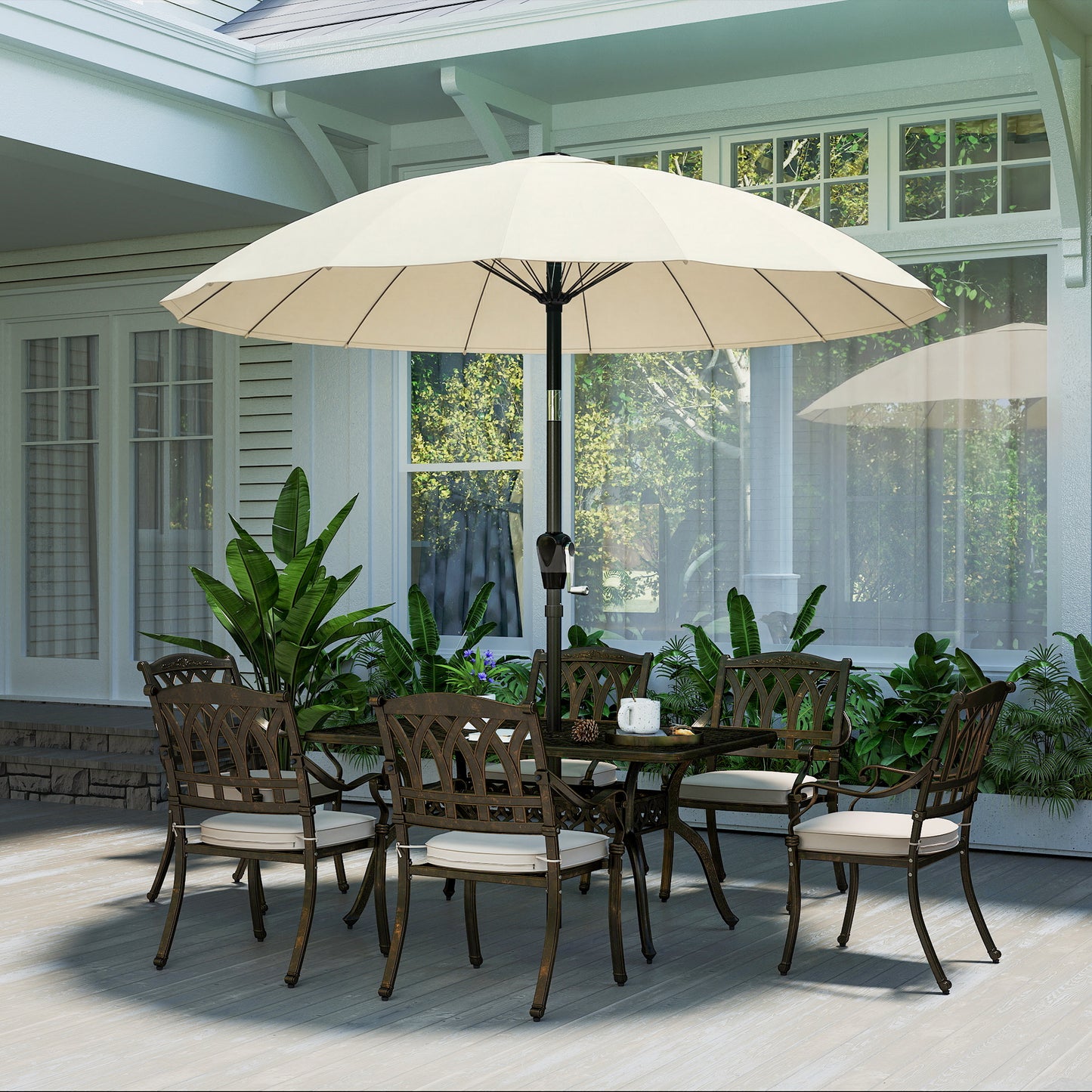 Outsunny 2 m Shanghai Garden Parasol Umbrella With 16 Fibreglass Ribs Crank Tilt Cream White Outdoor Sun Shade