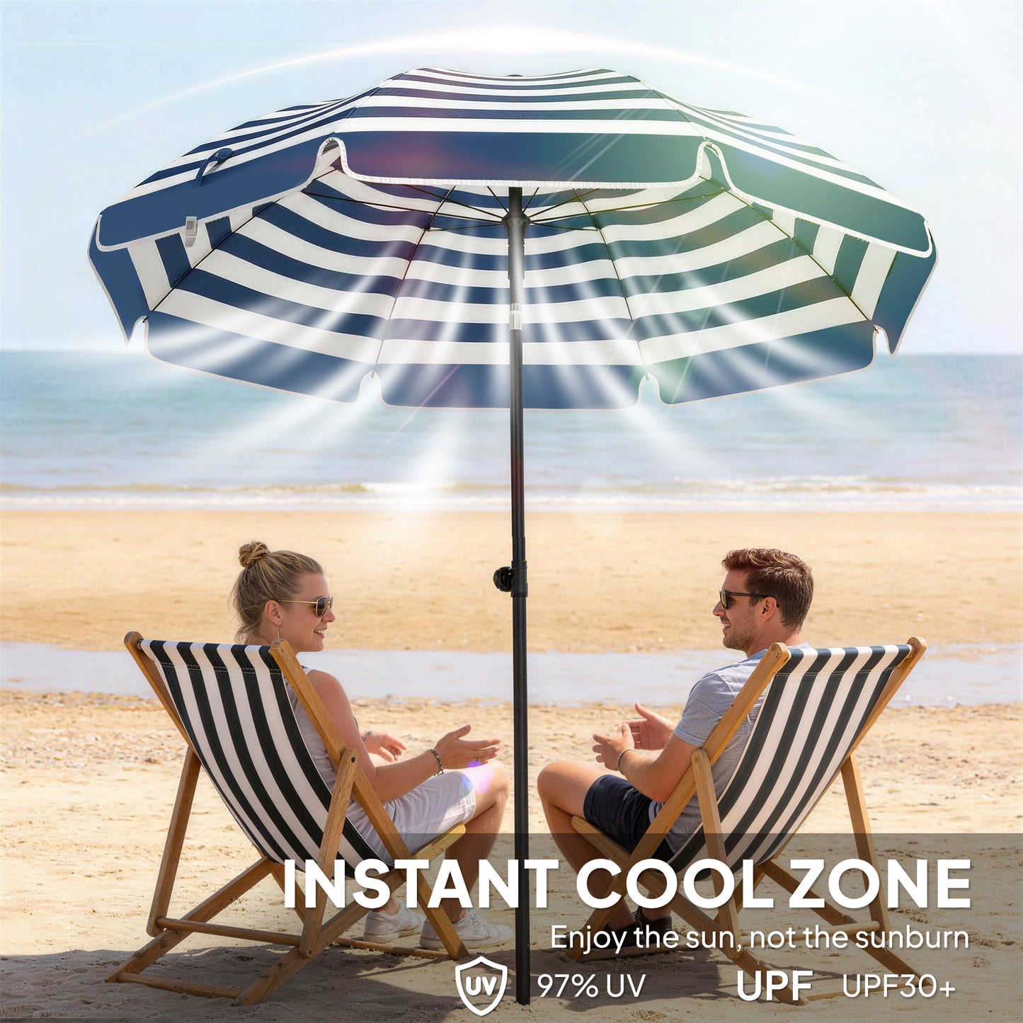 Outsunny 1.8 Meters Beach Umbrella With Sand Anchor Tilting 30 Degree Patio Sun Shade Adjustable Height Blue White