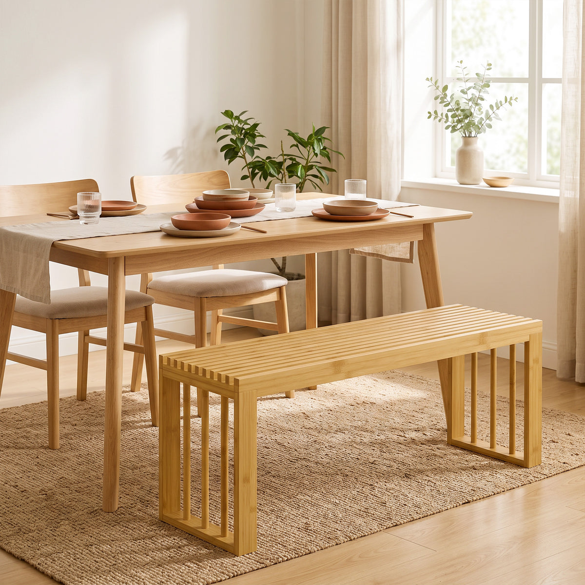 Bamboo shoe bench styled as a seat with open slat sides and slatted top on a rug