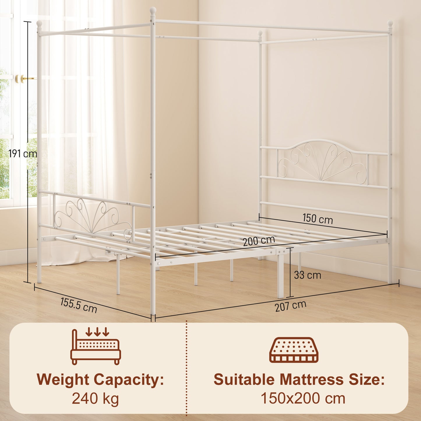 Homcom King Canopy Bed Frame Metal Platform White Steel Headboard Storage