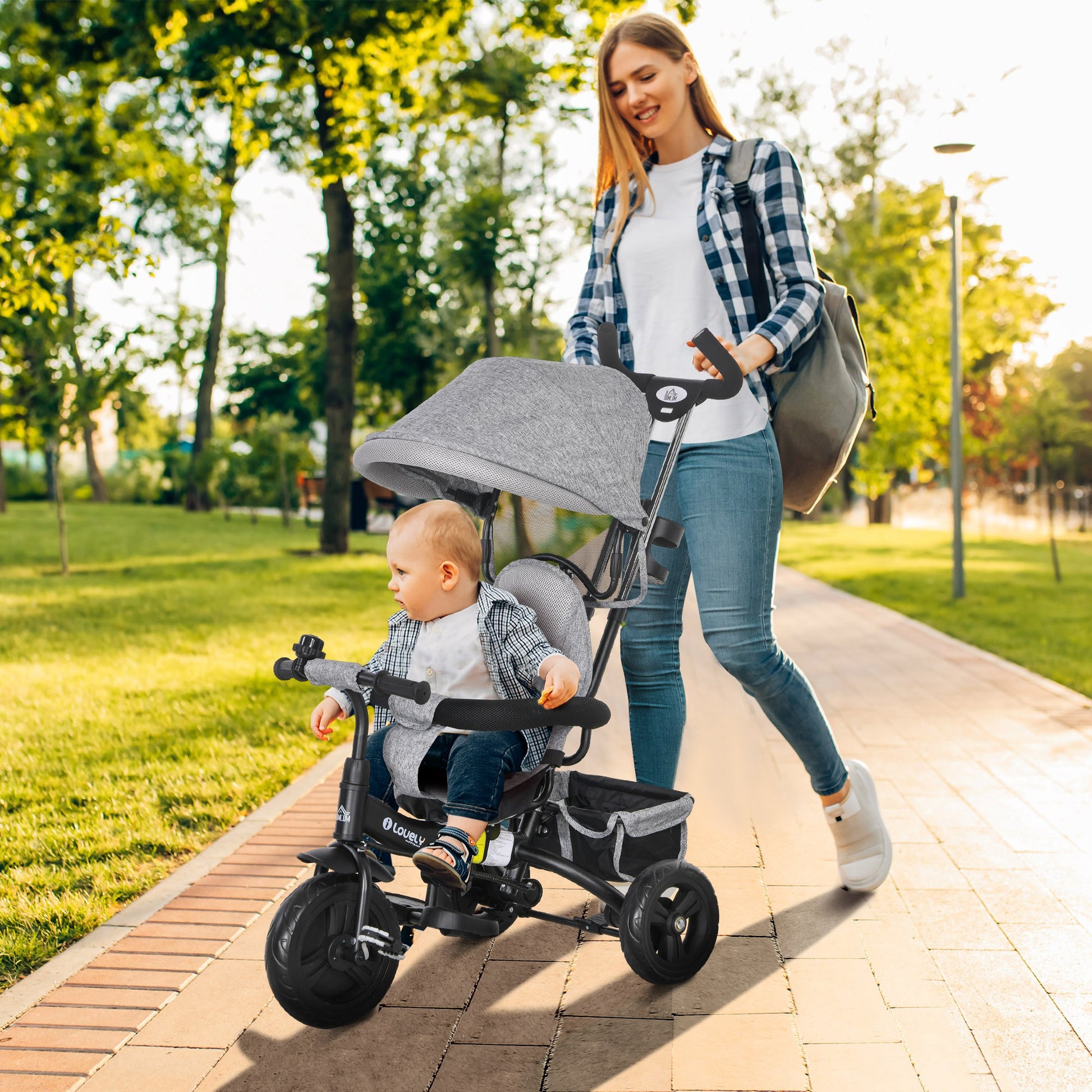 HOMCOM Transformable 4-in-1 Toddler Trike with Canopy, Push Handle, and Safety Features for Ages 1-5 - Grey - ALL4U RETAILER LTD