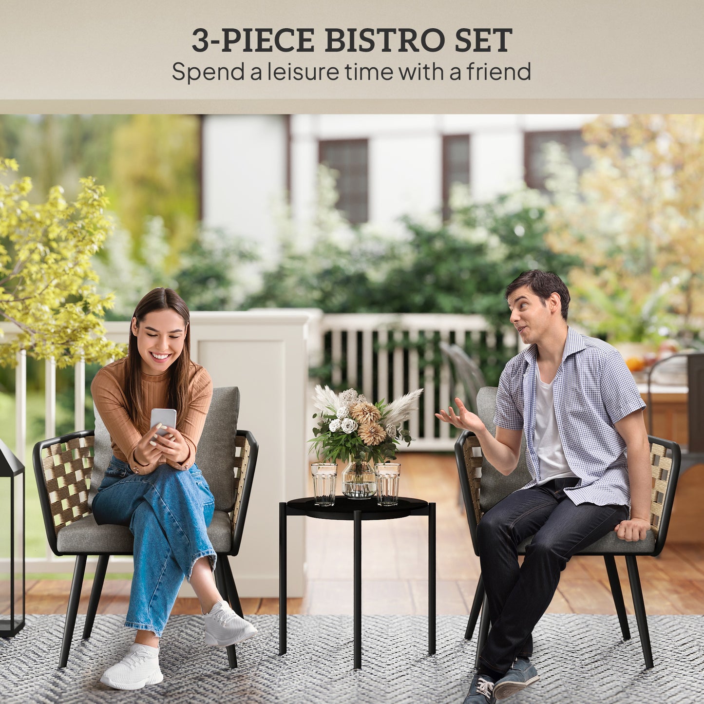 Outsunny 3 Pieces Rattan Bistro Set With Washable Cushions And Glass Top Coffee Table For Outdoor Patio Black