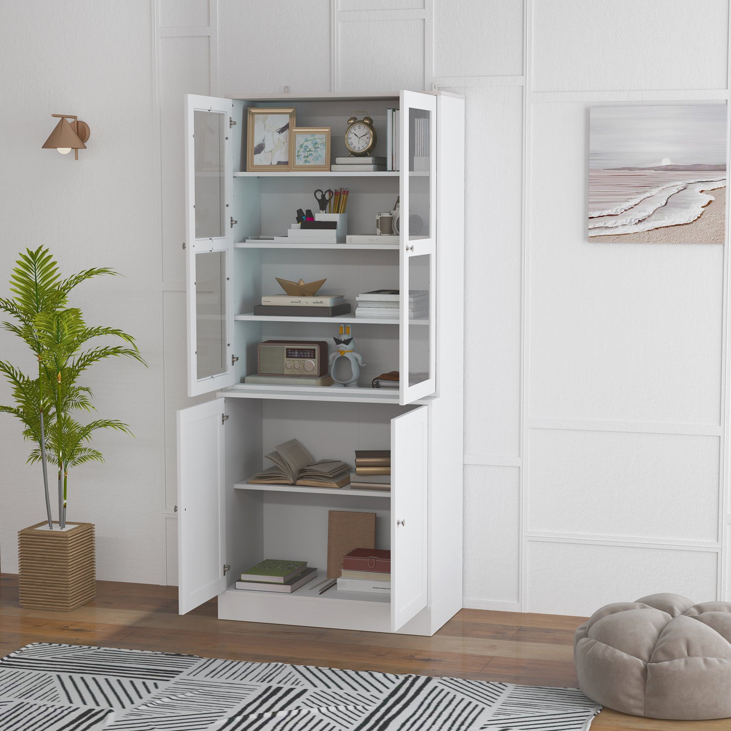 HOMCOM Double Storage Display Cabinet With Adjustable Shelves White MDF Glass Doors