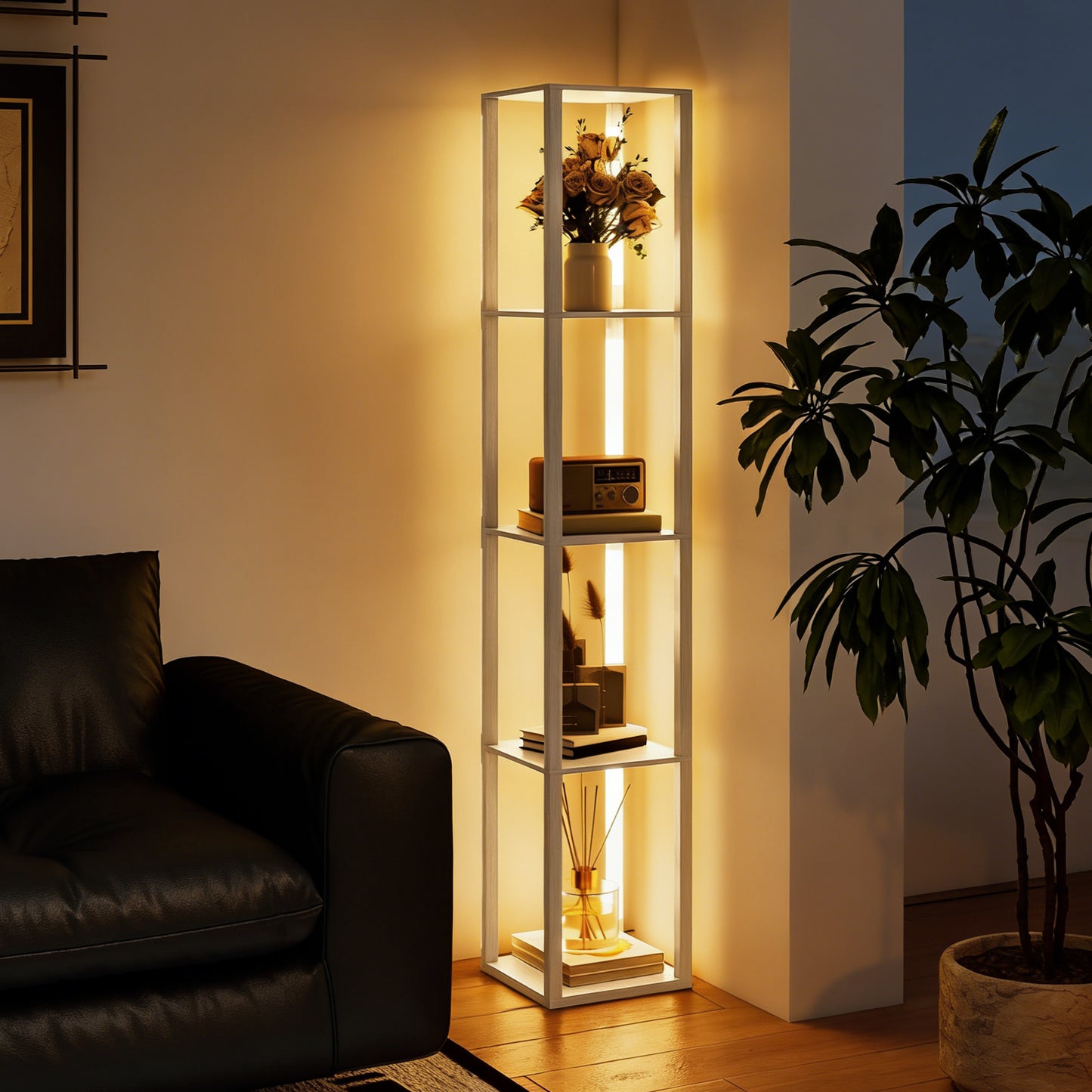 HOMCOM Oak Floor Lamp With Shelves And Three Brightness Levels For Living Room Ambiance