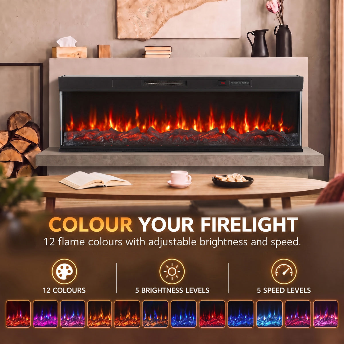 Electric fireplace insert with panoramic orange flames and black mantel-style surround