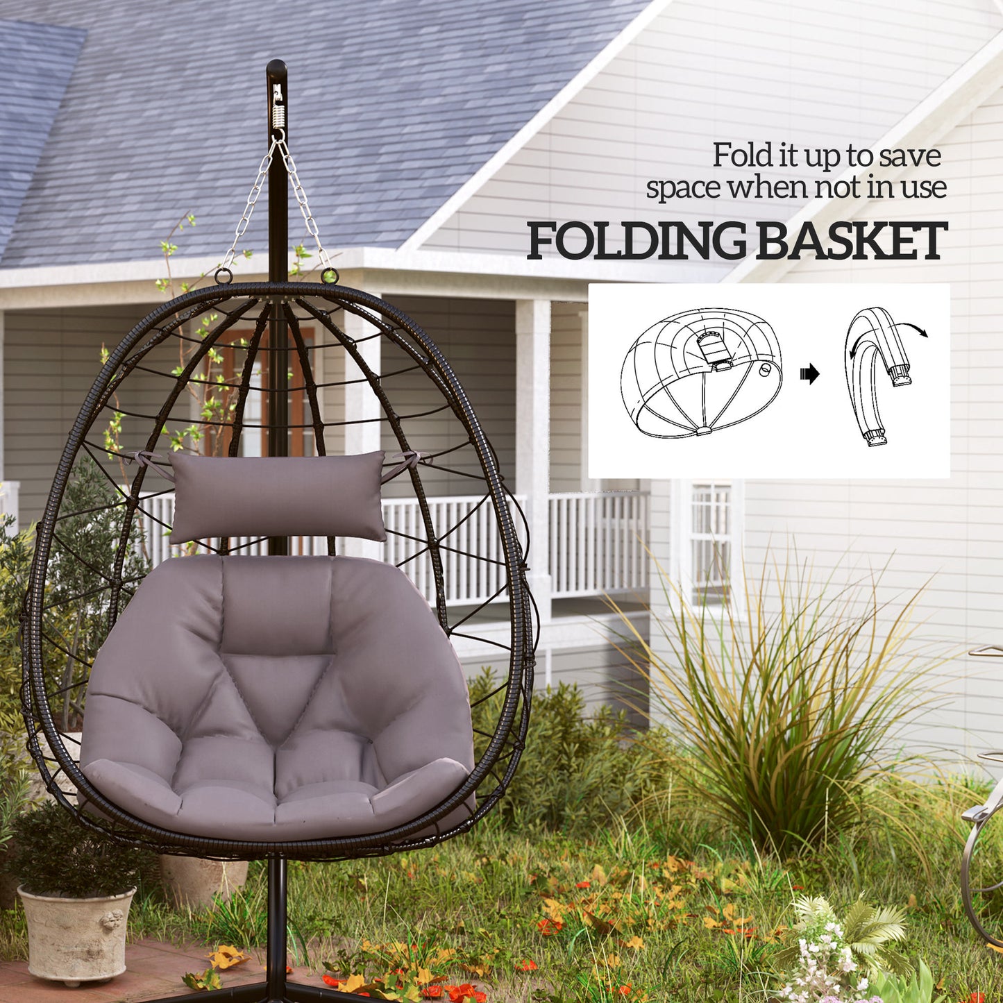 Outsunny Hanging Egg Chair Outdoor Indoor Garden Swing Chair With Folding Basket Thickened Cushion Headrest Stand Grey