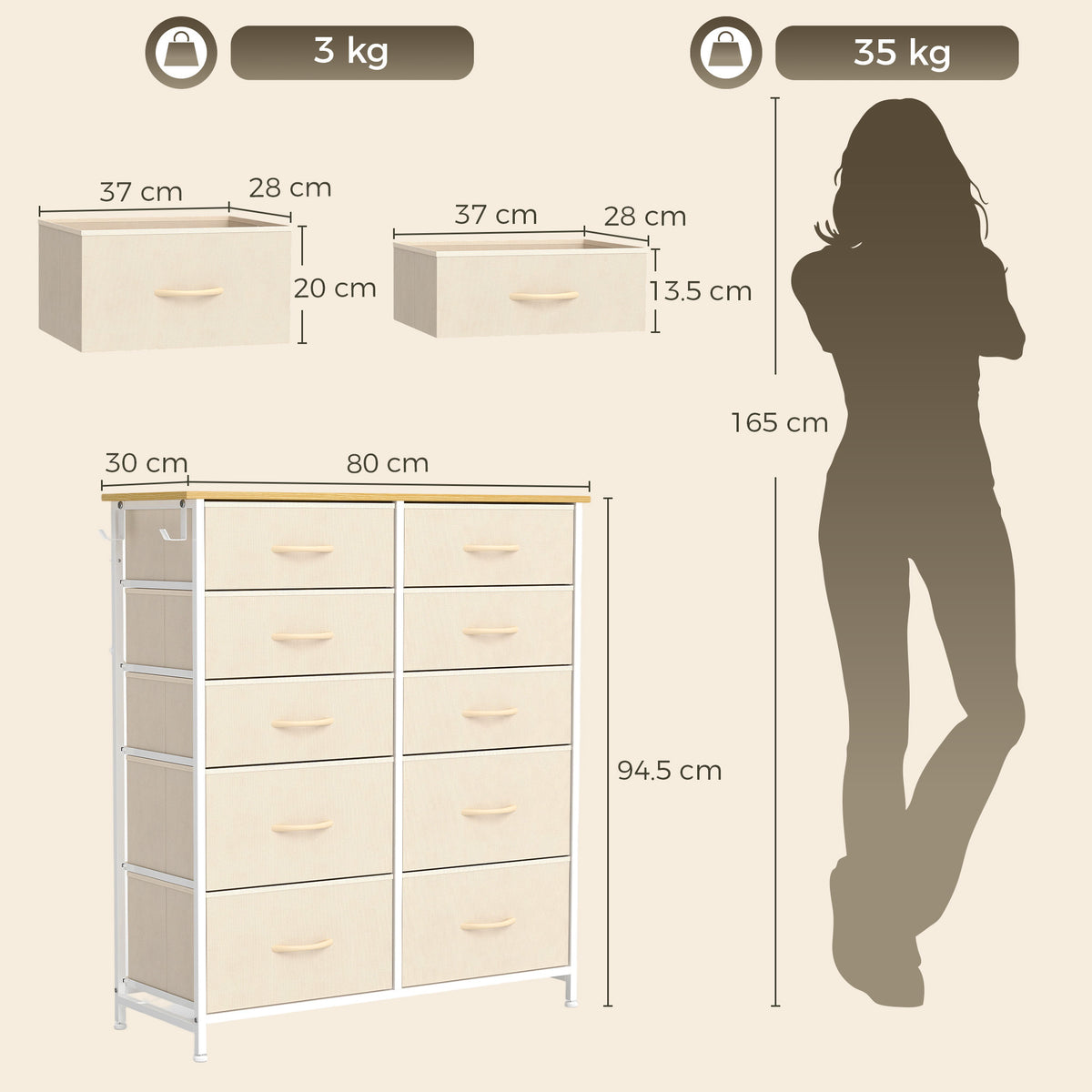 Homcom 10 Drawer Fabric Dresser With Steel Frame And Hooks Beige