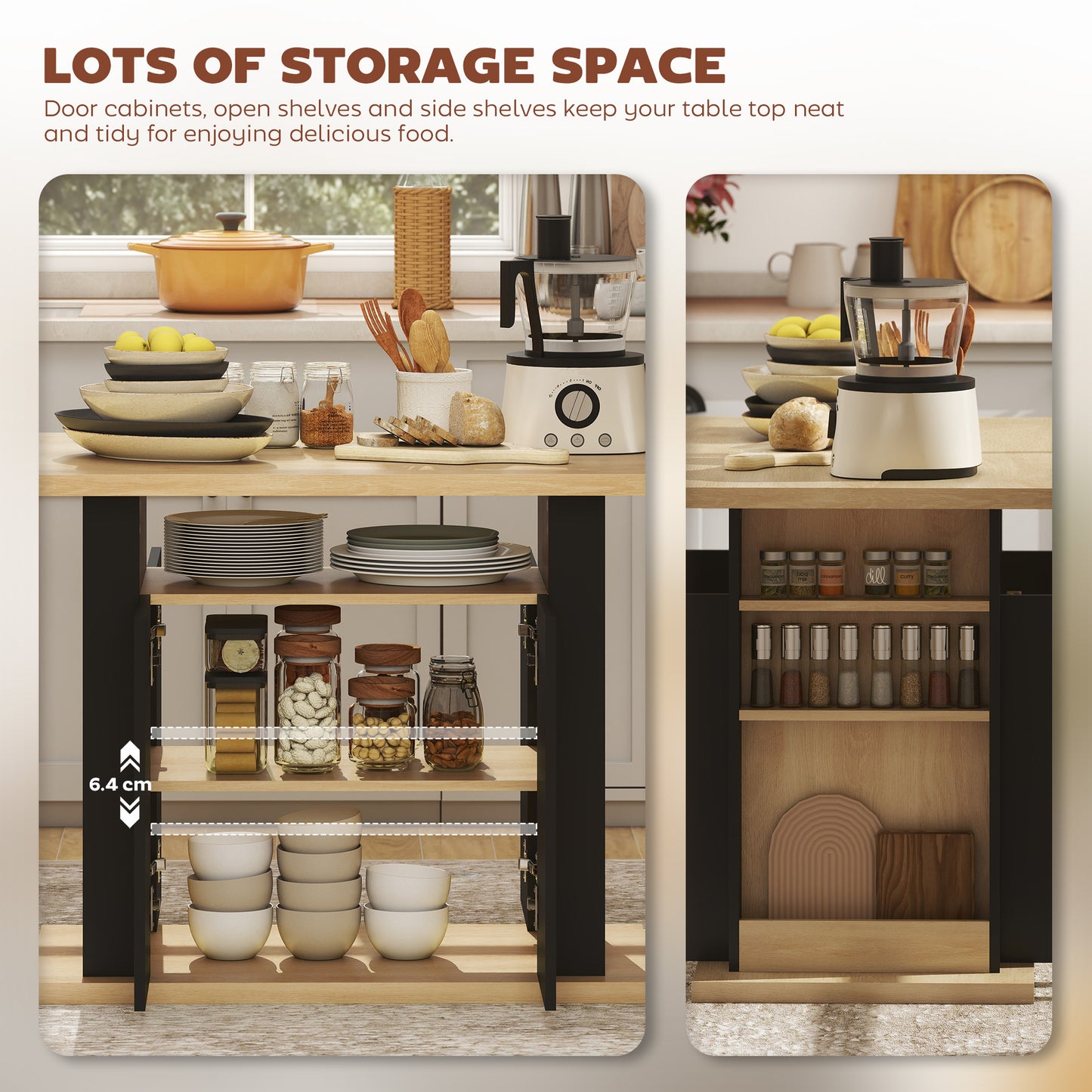 HOMCOM Kitchen Island With Spice Rack And Storage, Large Tabletop For 4 People, Adjustable Shelves, Black And Natural