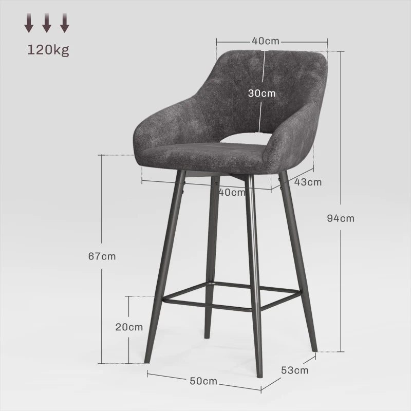 HOMCOM Set of 2 Grey Velvet Bar Stools - Modern Counter Height Chairs with Backs - ALL4U RETAILER LTD