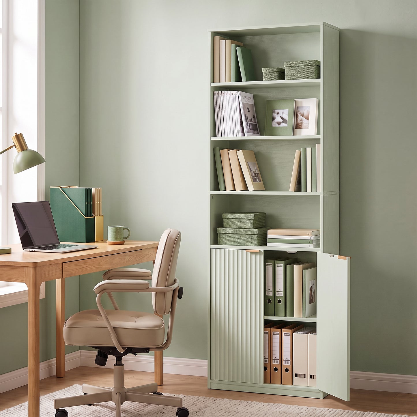 Homcom 6 Tier Slim Bookshelf With Adjustable Shelf And Cabinet Light Green