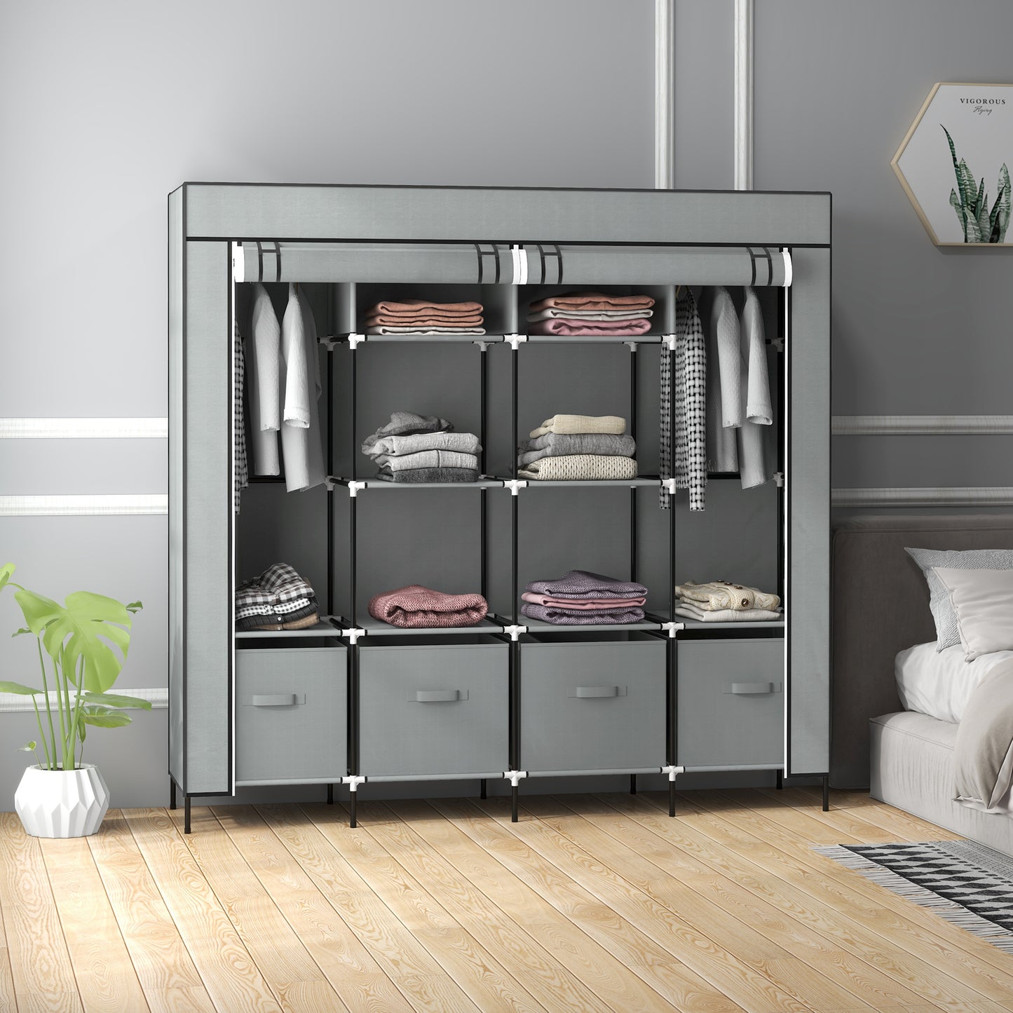 HOMCOM Fabric Wardrobe for Bedroom 10 Compartments 2 Hanging Rails and 4 Drawers 166 by 42.5 by 169.5 cm Dark Grey