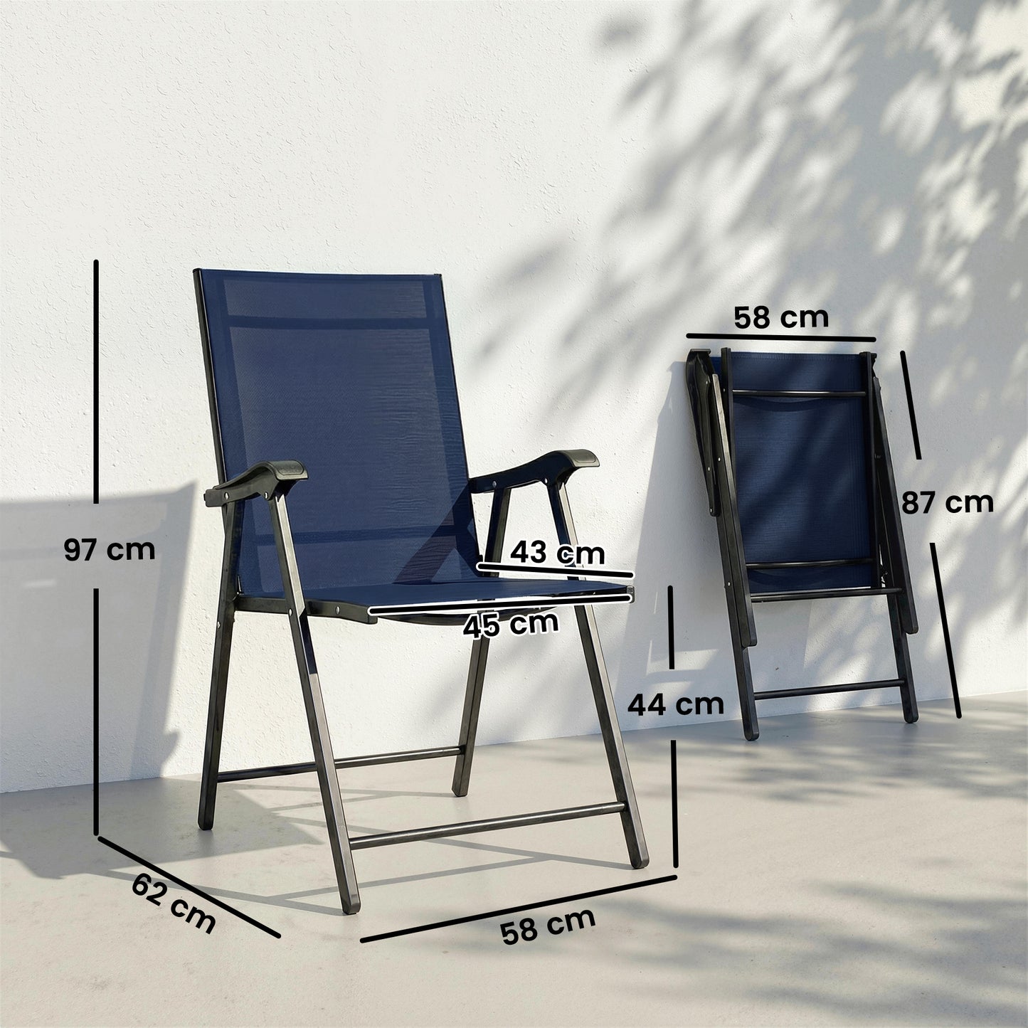 Outsunny Folding Garden Chairs Set Of 2 With High Back Armrests Texteline Seat Navy Blue