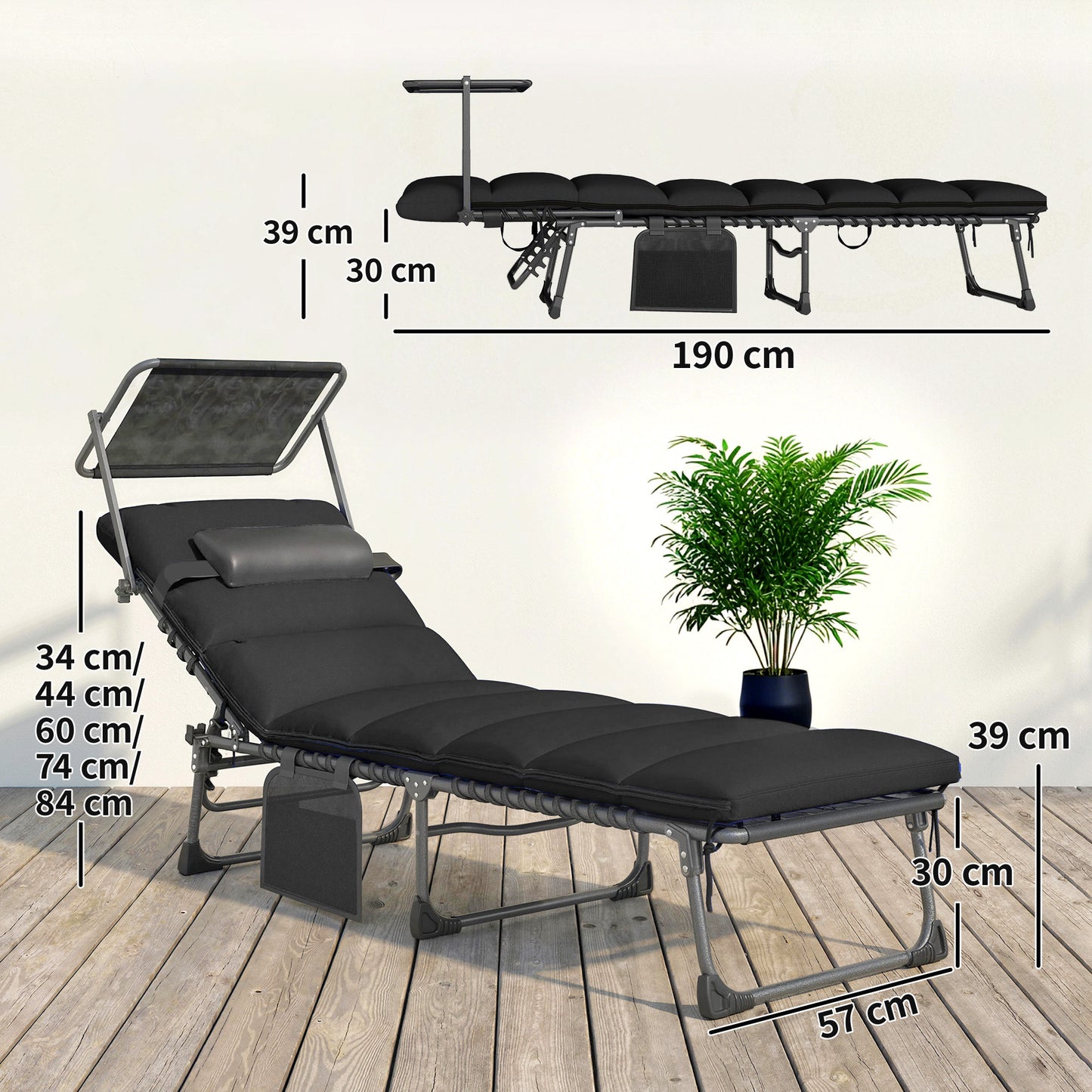 Outsunny Folding Sun Loungers Set of 2 with Canopy, Reclining Sunbeds, Cushions, Side Pockets, Carrying Handles, Black