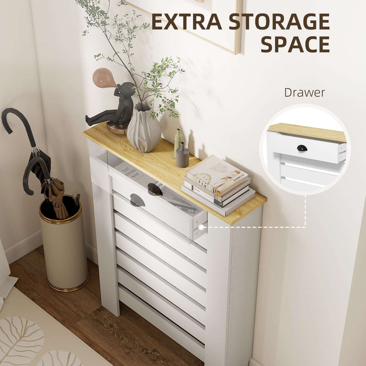 HOMCOM Radiator Cover With Drawer 95.5H x 78W cm White Slatted MDF and Particle Board
