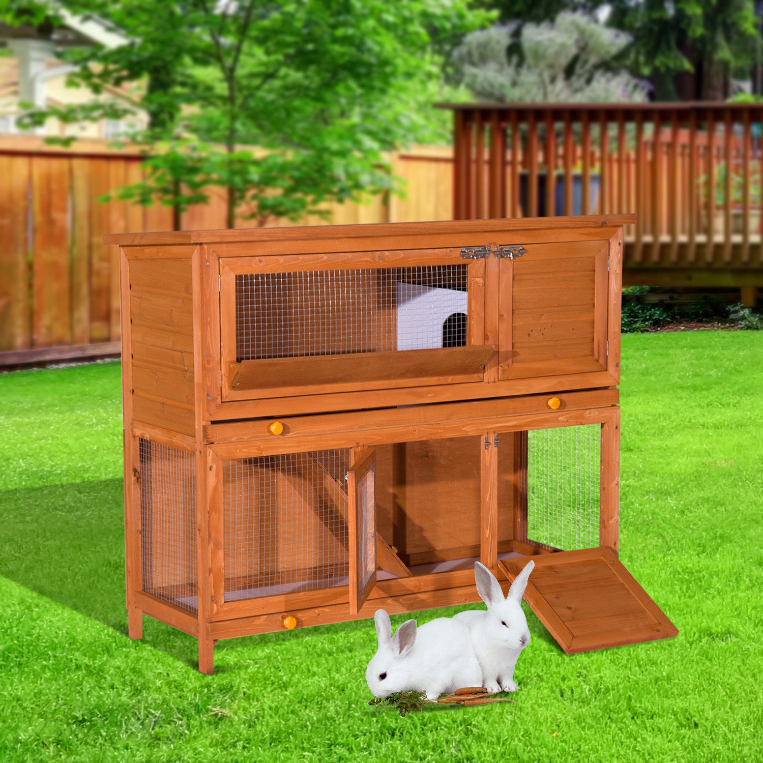 PawHut Outdoor Pine Wood Rabbit and Small Animal Cage - 100 cm H in Sauce Yellow - ALL4U RETAILER LTD