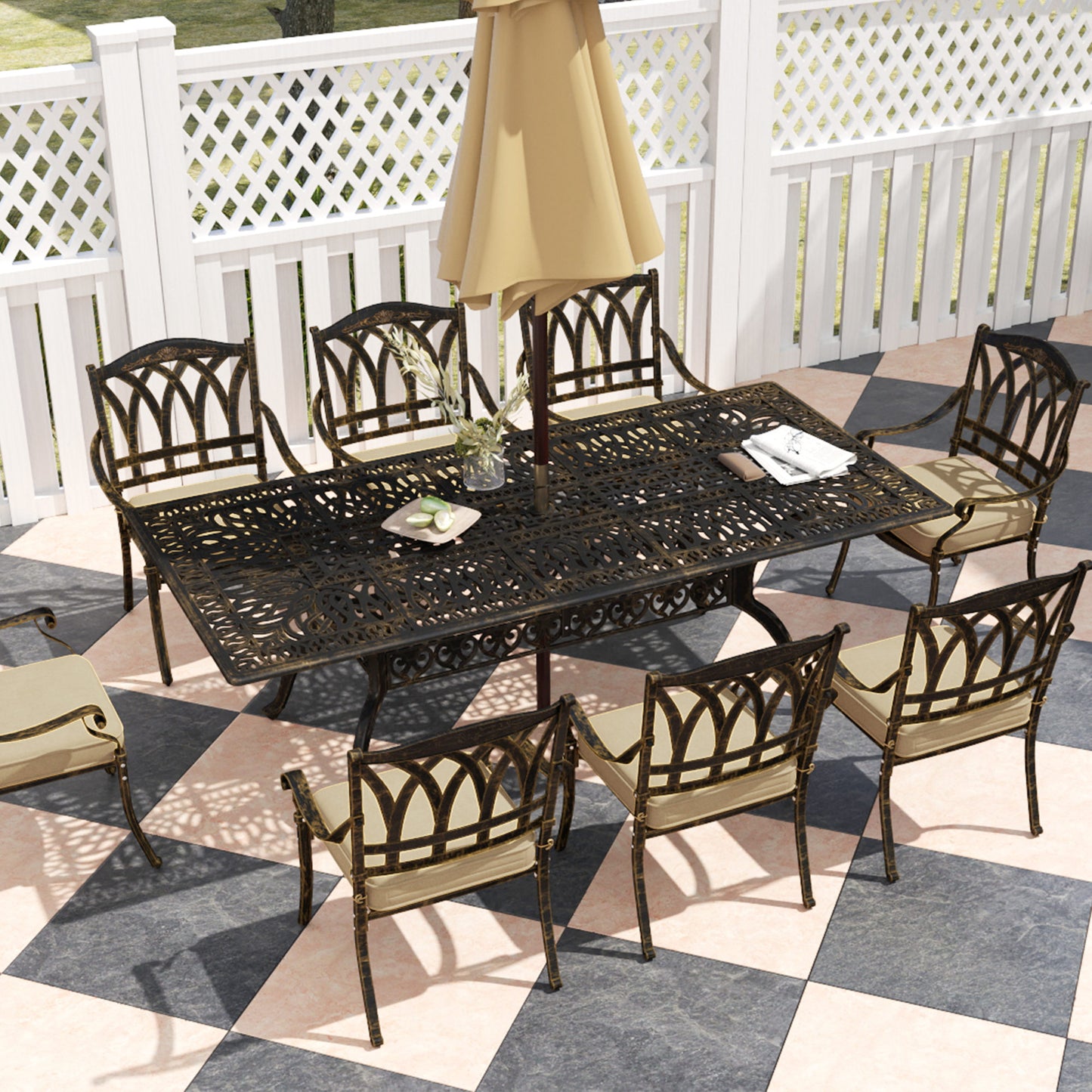 Outsunny Nine-Piece Cast Aluminium Garden Dining Set Bronze Tone With Floral And Grid Cut-Out Patterns