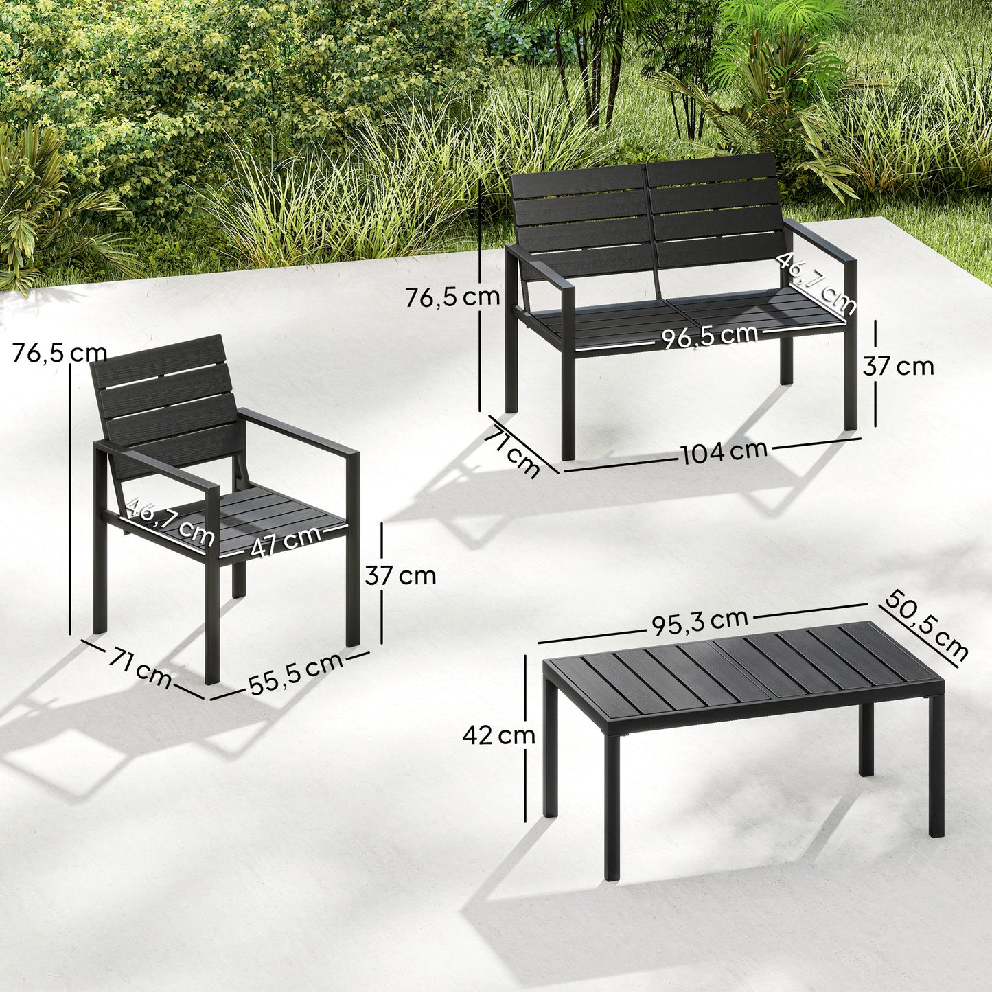 Outsunny 4 Piece Outdoor Garden Furniture Set With HDPE Slats Loveseat Two Armchairs Coffee Table Metal Frame Black