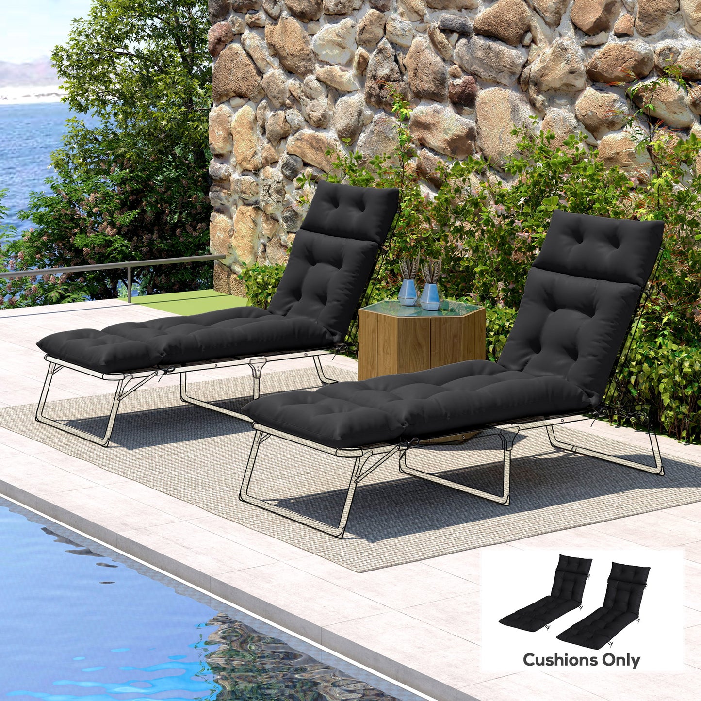 Outsunny Set Of Two 190 X 56 Cm Sun Lounger Cushions In Black With Six Tie Fasteners