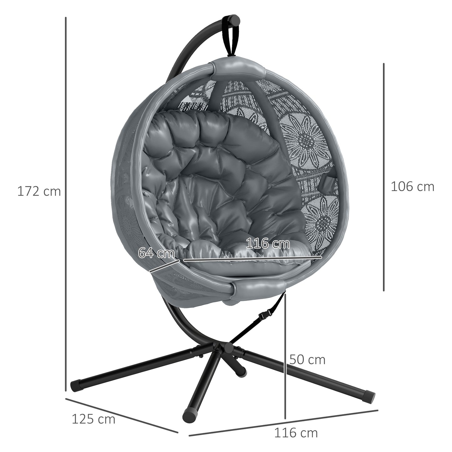 Outsunny Round Egg Basket Chair With Steel Stand Charcoal Grey Outdoor Patio Lounge Swing Cushioned Comfort
