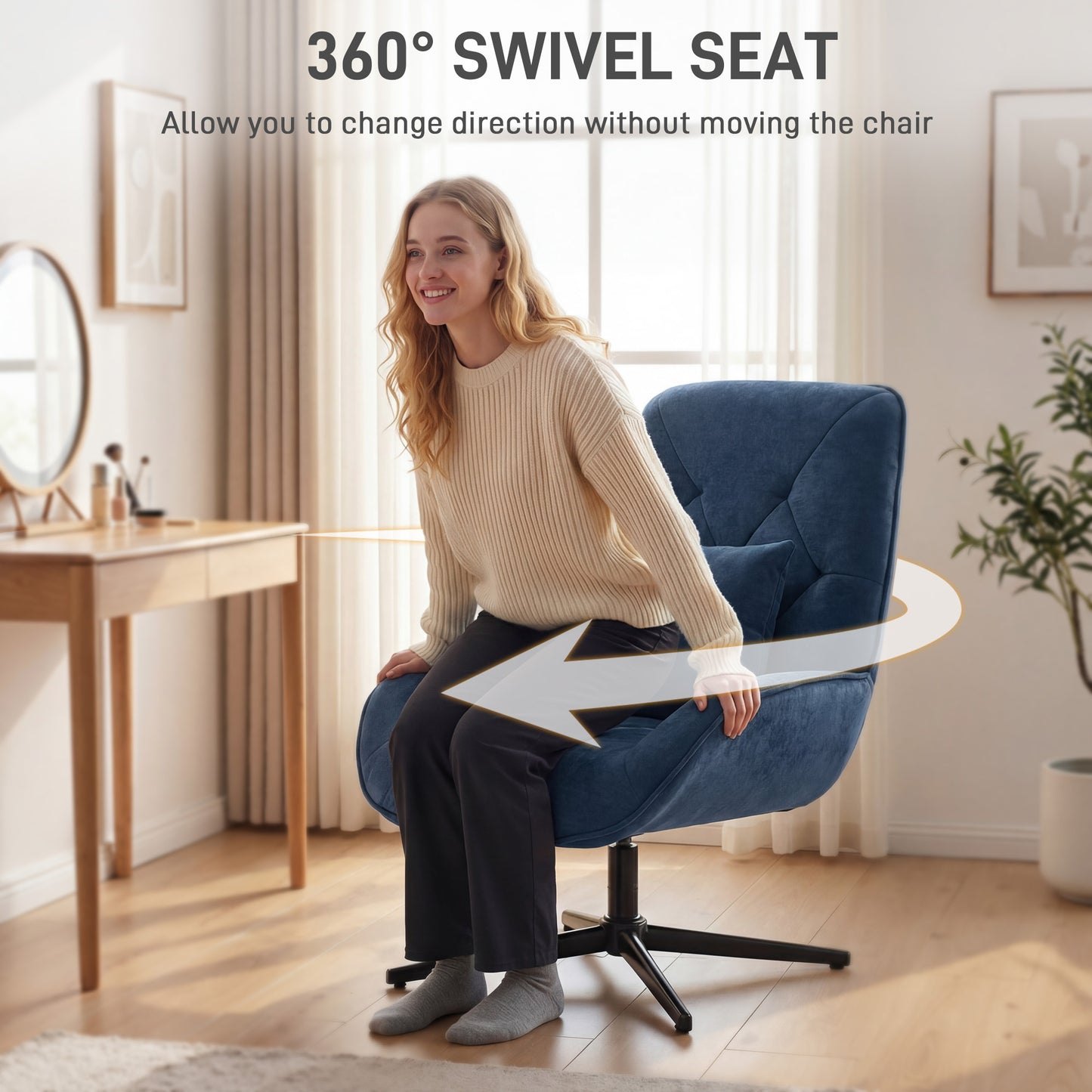 HOMCOM Accent Chair Chenille Upholstered Swivel Armchair with Lumbar Pillow High Back Deep Seat and Metal Legs Dark Blue