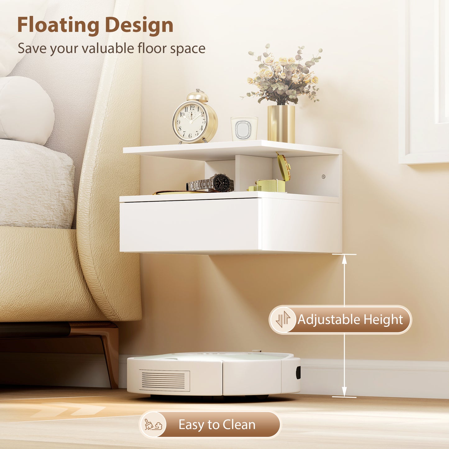 Homcom Floating Bedside Table Set Of Two White Modern Nightstands With Drawers And Open Shelves