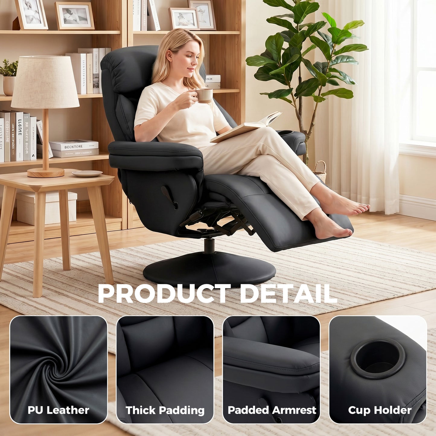 HOMCOM Upholstered Manual Recliner Armchair With Footrest And Adjustable Backrest PU Leather Black